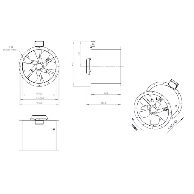 Ventilateur axial de 500 mm pour gaz de combustion F400 - AL 500 D2 F4 03 CFG