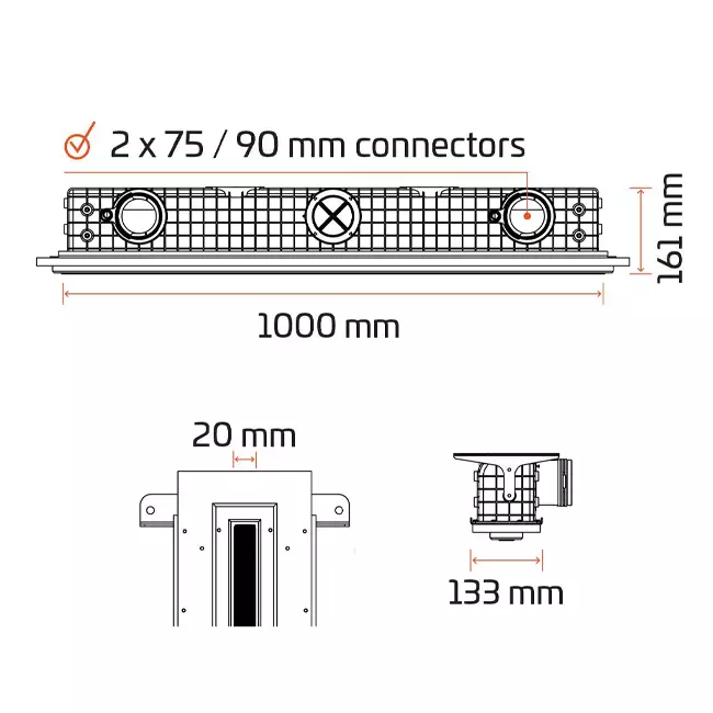 Grille linéaire encastrable sans cadre Ergovent 1000 mm avec diamètre de raccordement 75 mm - standard