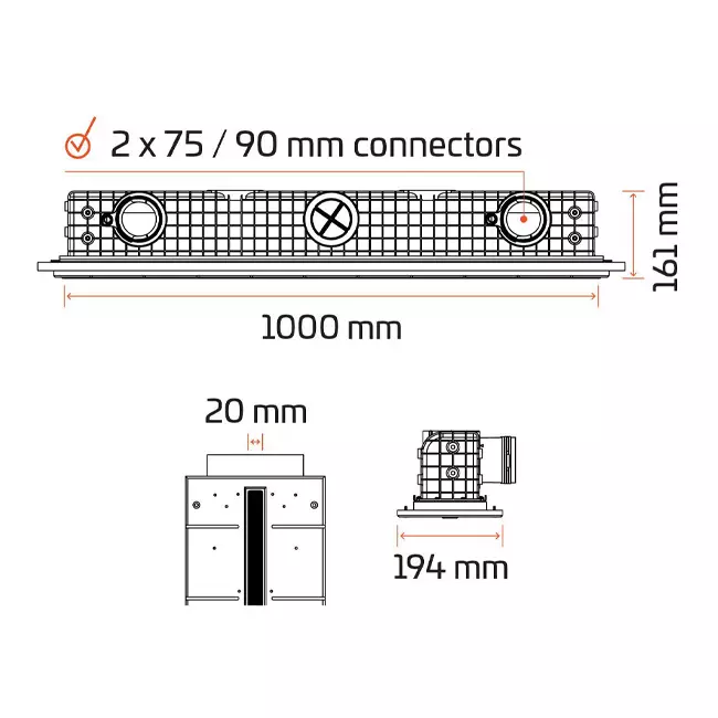 Grille linéaire encastrable sans cadre Ergovent 1000 mm avec diamètre de raccordement 75 mm – profil