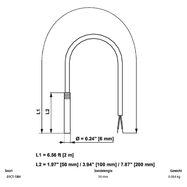Belimo câble sonde de température PT1000 50x6 mm - 2 mètres - 01CT-1BH