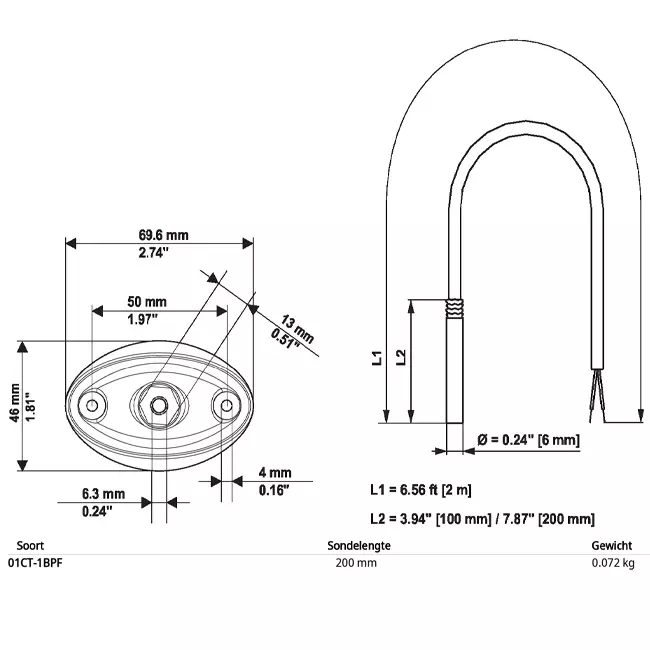 Belimo câble sonde de température PT1000 200x6 mm - 2 mètres avec bride de fixation - 01CT-1BPF