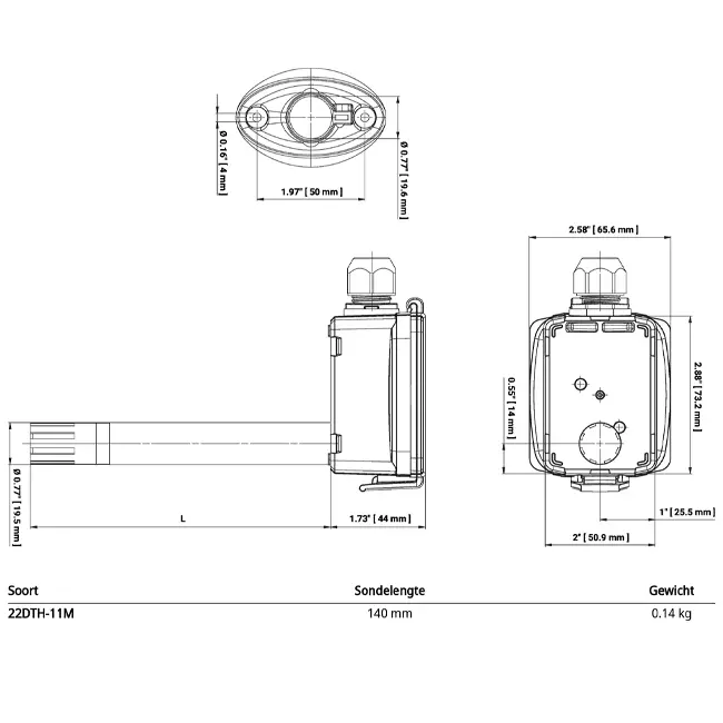 Sonde de gaine Belimo pour l'humidité et la température - sonde 140 mm - 22DTH-11M