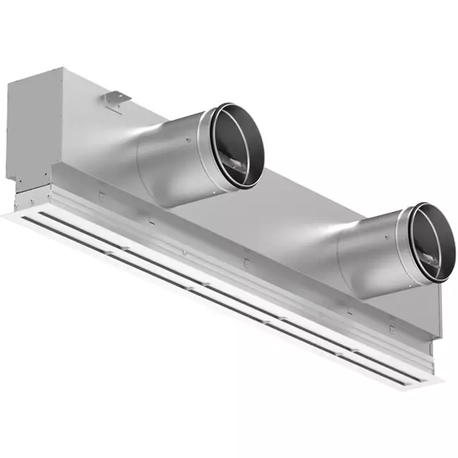 Grille linéaire en aluminium avec 2 déflecteurs réglables – 2000 mm – RAL 9016 + plénum isolé avec registre de régulation du débit d'air