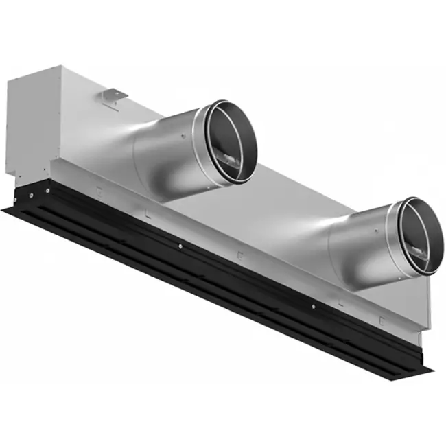 Grille linéaire en aluminium avec 4 déflecteurs réglables – 1 500 mm – RAL 9005 + plénum isolé avec registre de régulation du débit d'air