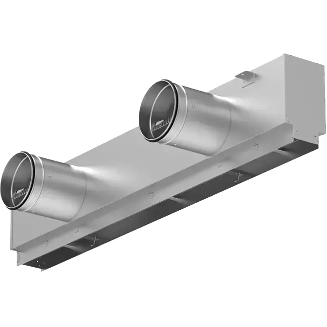 Grille linéaire en aluminium avec 3 déflecteurs réglables – 1 250 mm – RAL 9010 + plénum isolé avec registre de régulation du débit d'air