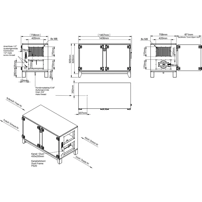 Centrales de traitement d'air Maxivent WTW avec échangeur à contre-courant 700 m³/h et batterie à eau chaude, horizontale à droite - PHE 700 H WOJR