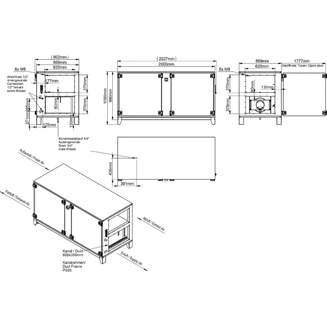 Centrales de traitement d'air Maxivent WTW avec échangeur à contre-courant de 2 000 m³/h et batterie à eau chaude, horizontale à gauche - PHE 2000 H WOJL