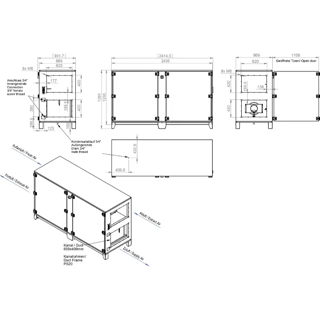 Centrales de traitement d'air Maxivent WTW avec échangeur à contre-courant 2 800 m³/h, avec réchauffeur électrique, disposition horizontale à gauche - PHE 2800 H EOJL