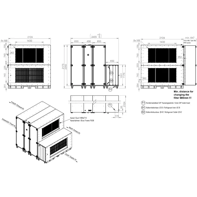 Centrales de traitement d'air Maxivent WTW avec roue à chaleur 5 000 m³/h et batterie DX, horizontale à droite - RHE 5000 H ODJR T 01