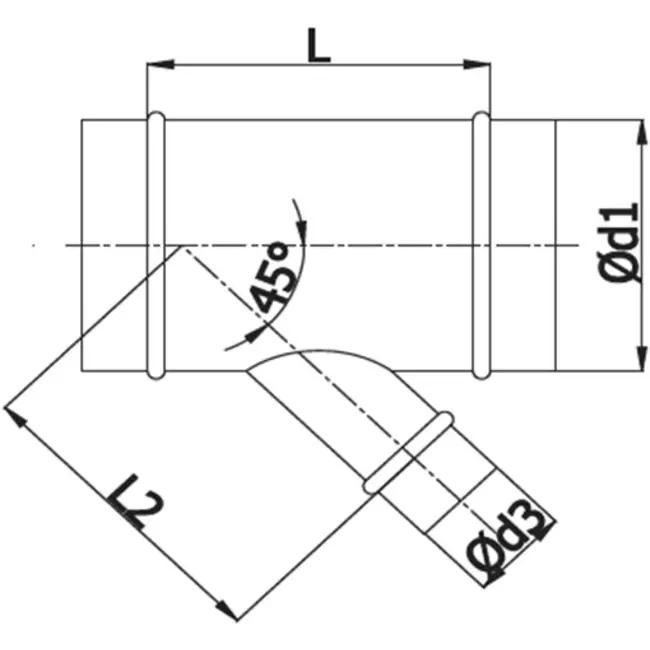 Té de Ø 250 mm - Ø 100 mm pour conduit rigide galvanisé (45°)